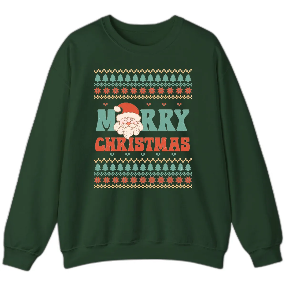 Retro Santa Merry Christmas Ugly Sweater Sweatshirt in Forest Green