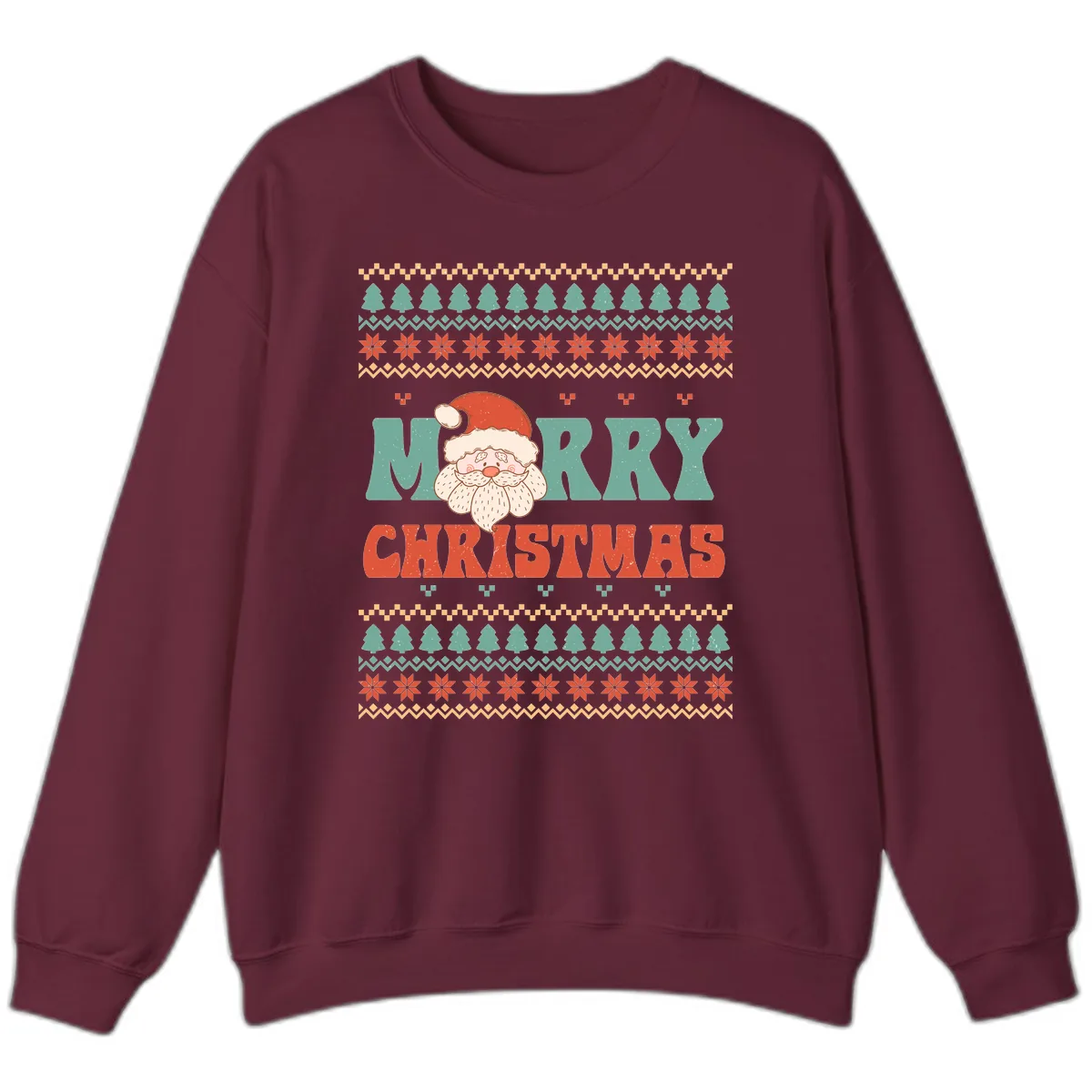 Retro Santa Merry Christmas Ugly Sweater Sweatshirt in Maroon