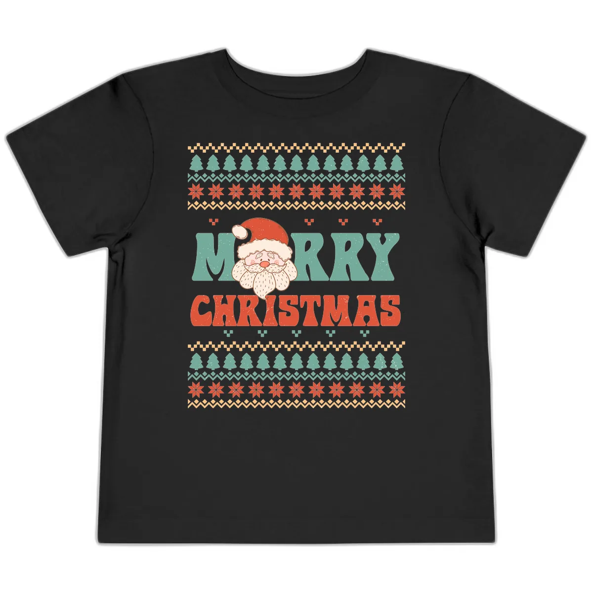 Retro Santa Merry Christmas Ugly Sweater Toddler T-Shirt in Black