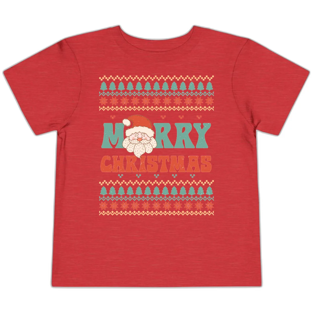 Retro Santa Merry Christmas Ugly Sweater Toddler T-Shirt in Heather Red