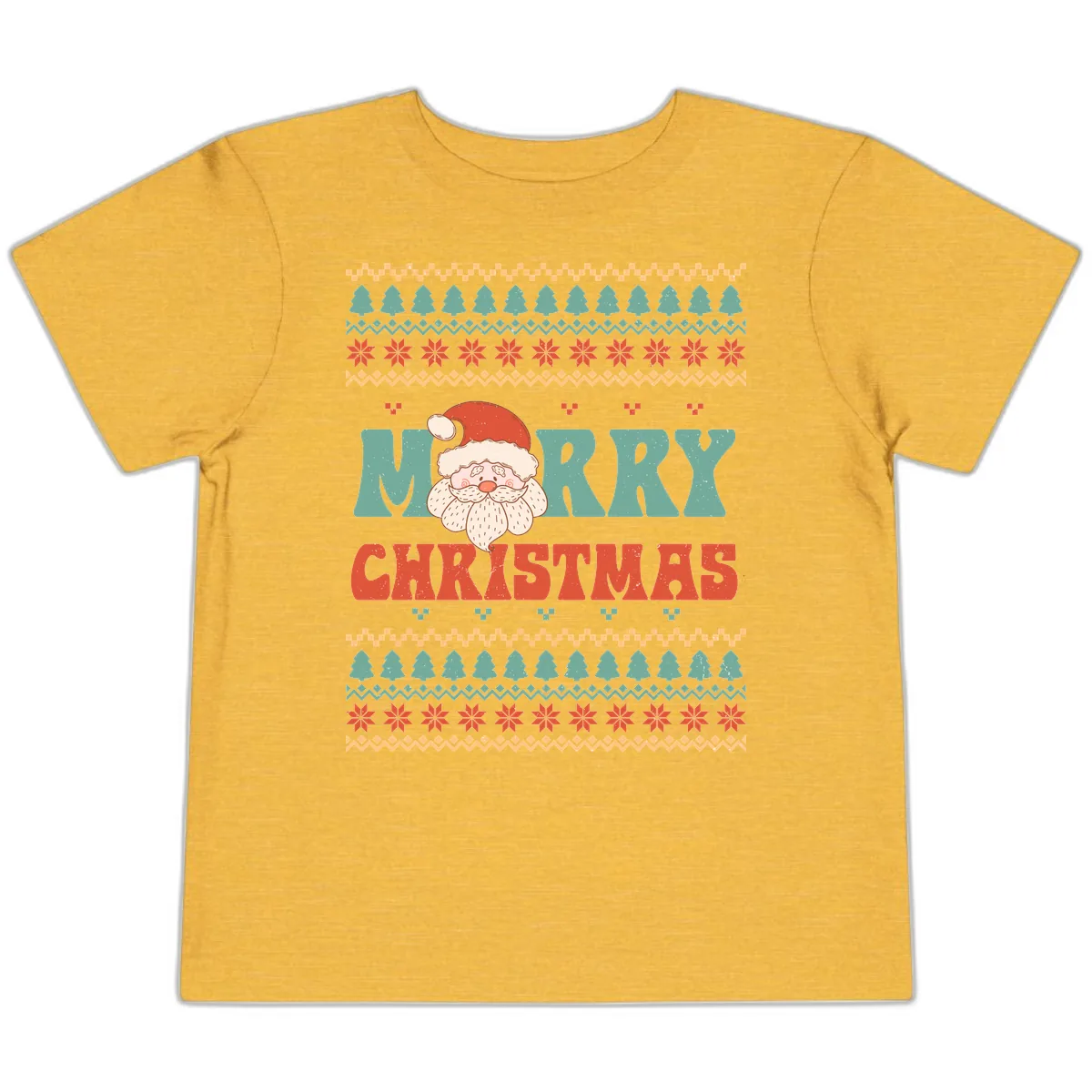 Retro Santa Merry Christmas Ugly Sweater Toddler T-Shirt in Heather Yellow Gold