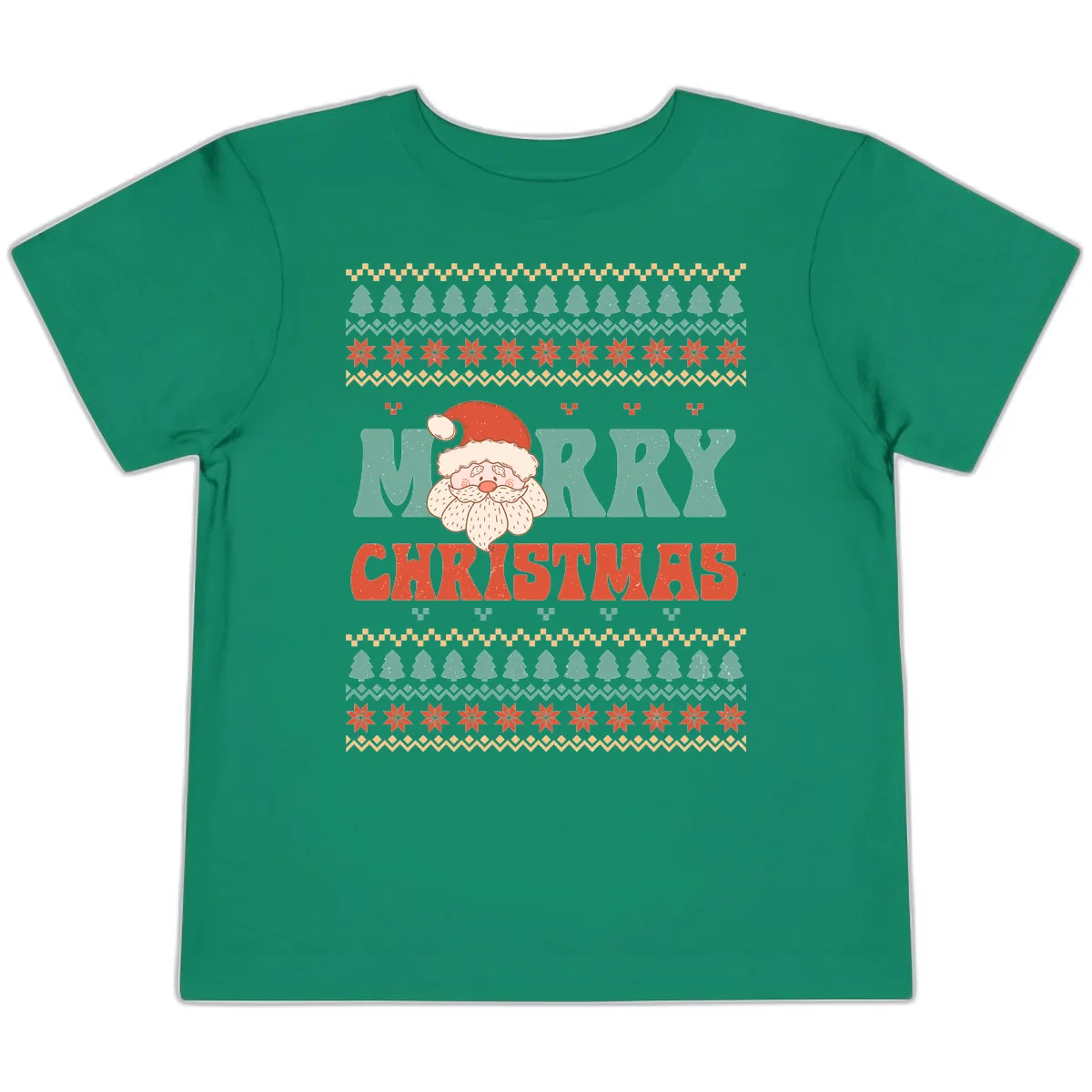 Retro Santa Merry Christmas Ugly Sweater Toddler T-Shirt in Kelly