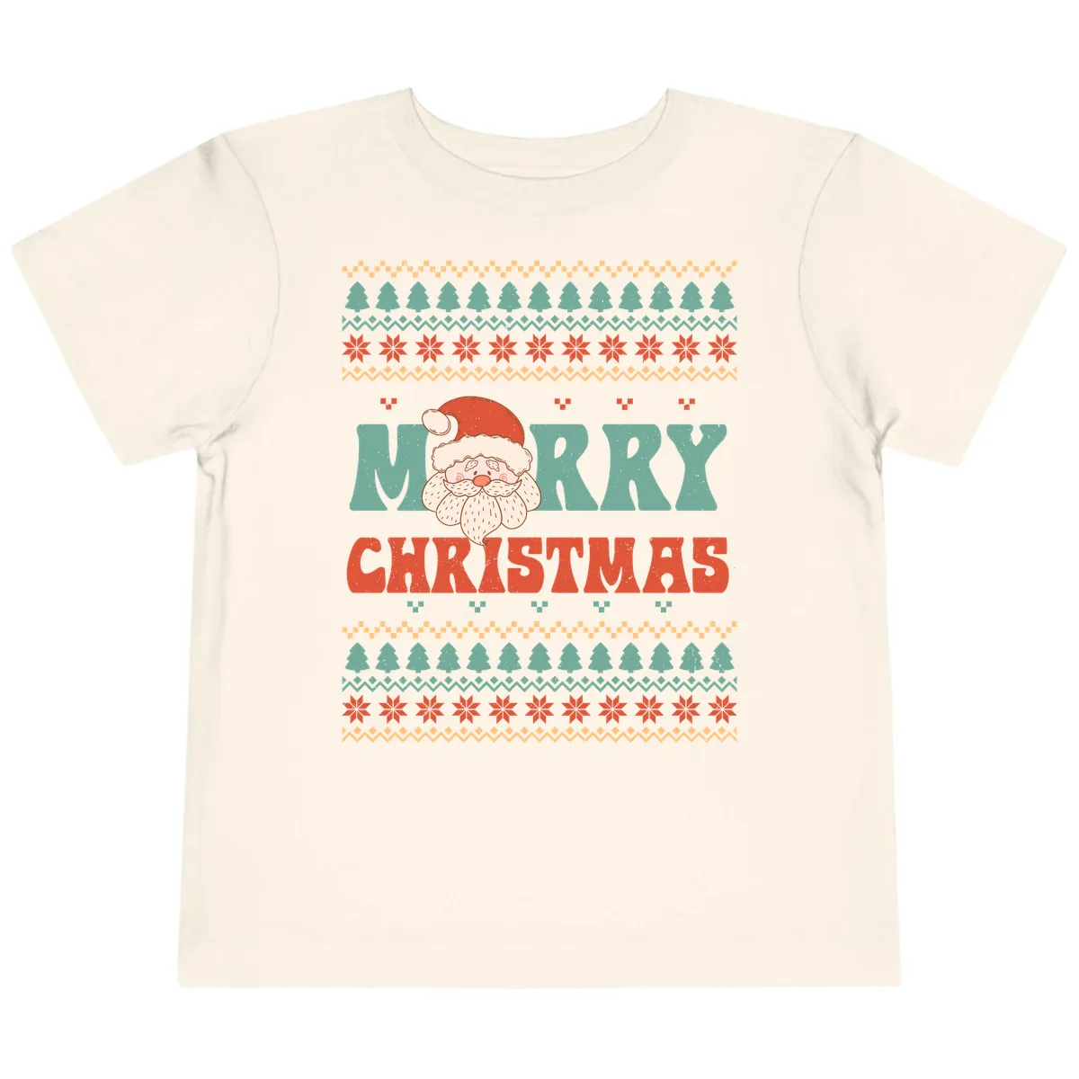Retro Santa Merry Christmas Ugly Sweater Toddler T-Shirt in Natural