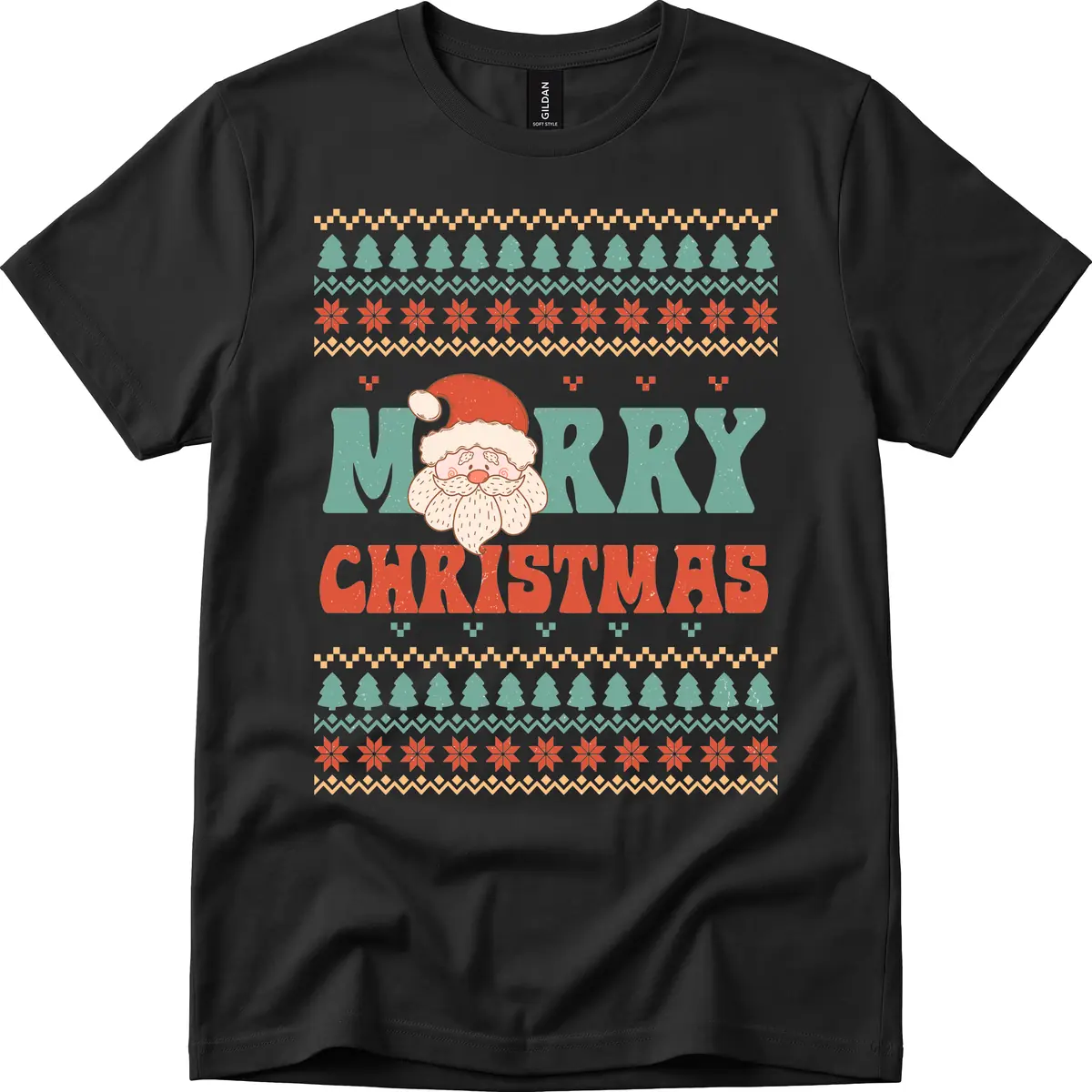 Retro Santa Merry Christmas Ugly Sweater T-Shirt in Black