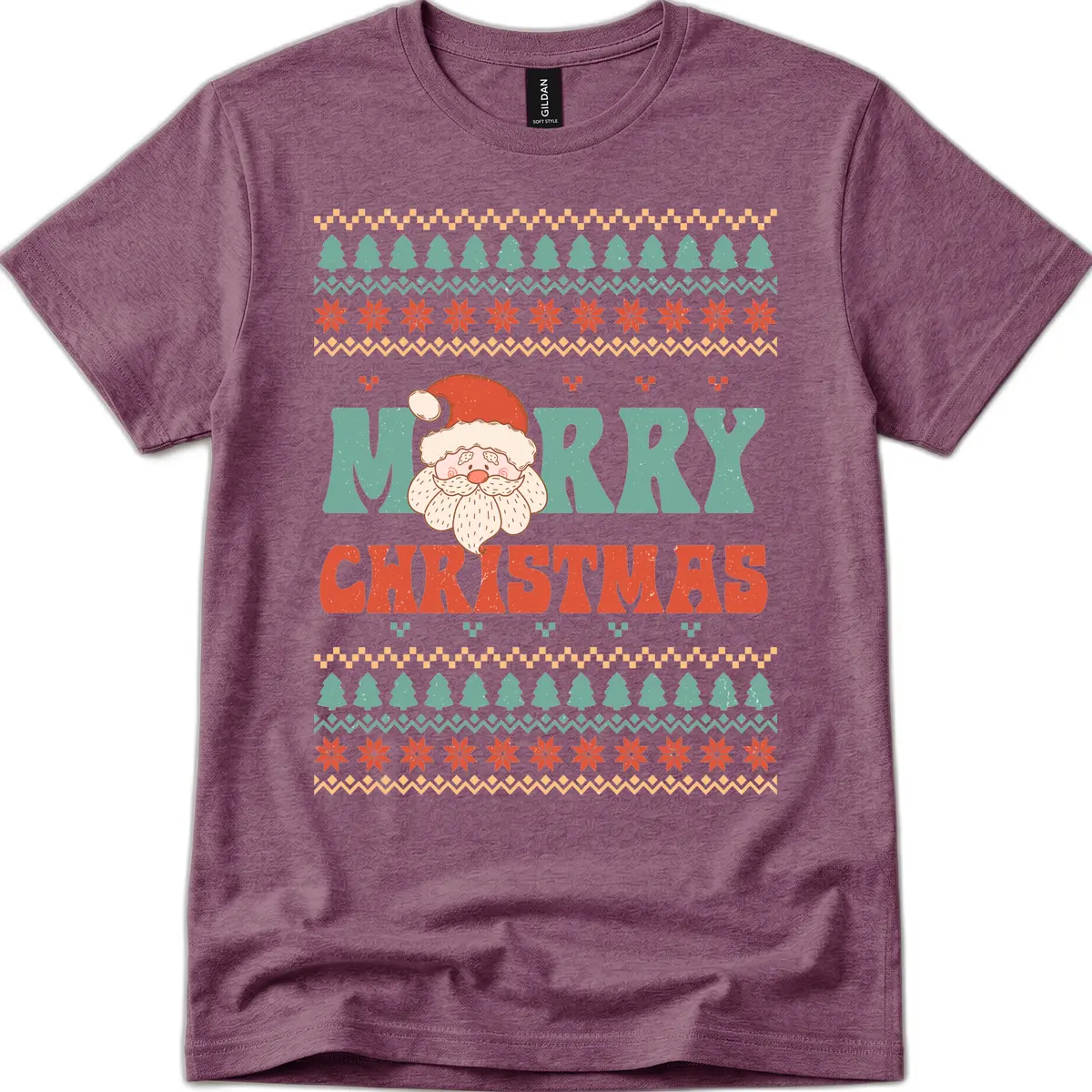 Retro Santa Merry Christmas Ugly Sweater T-Shirt in Heather Maroon