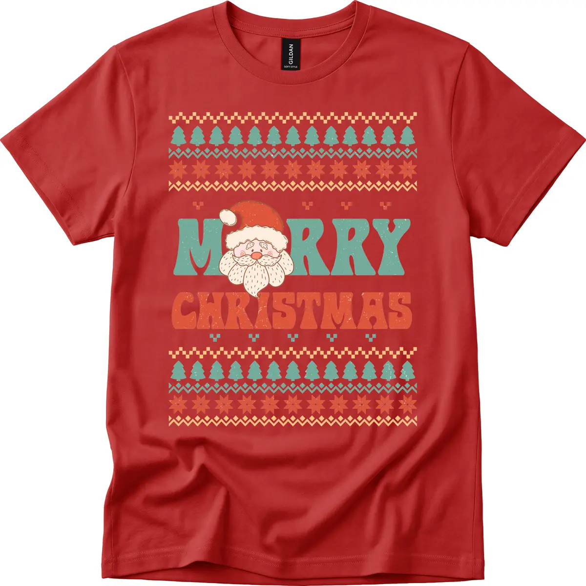Retro Santa Merry Christmas Ugly Sweater T-Shirt in Red