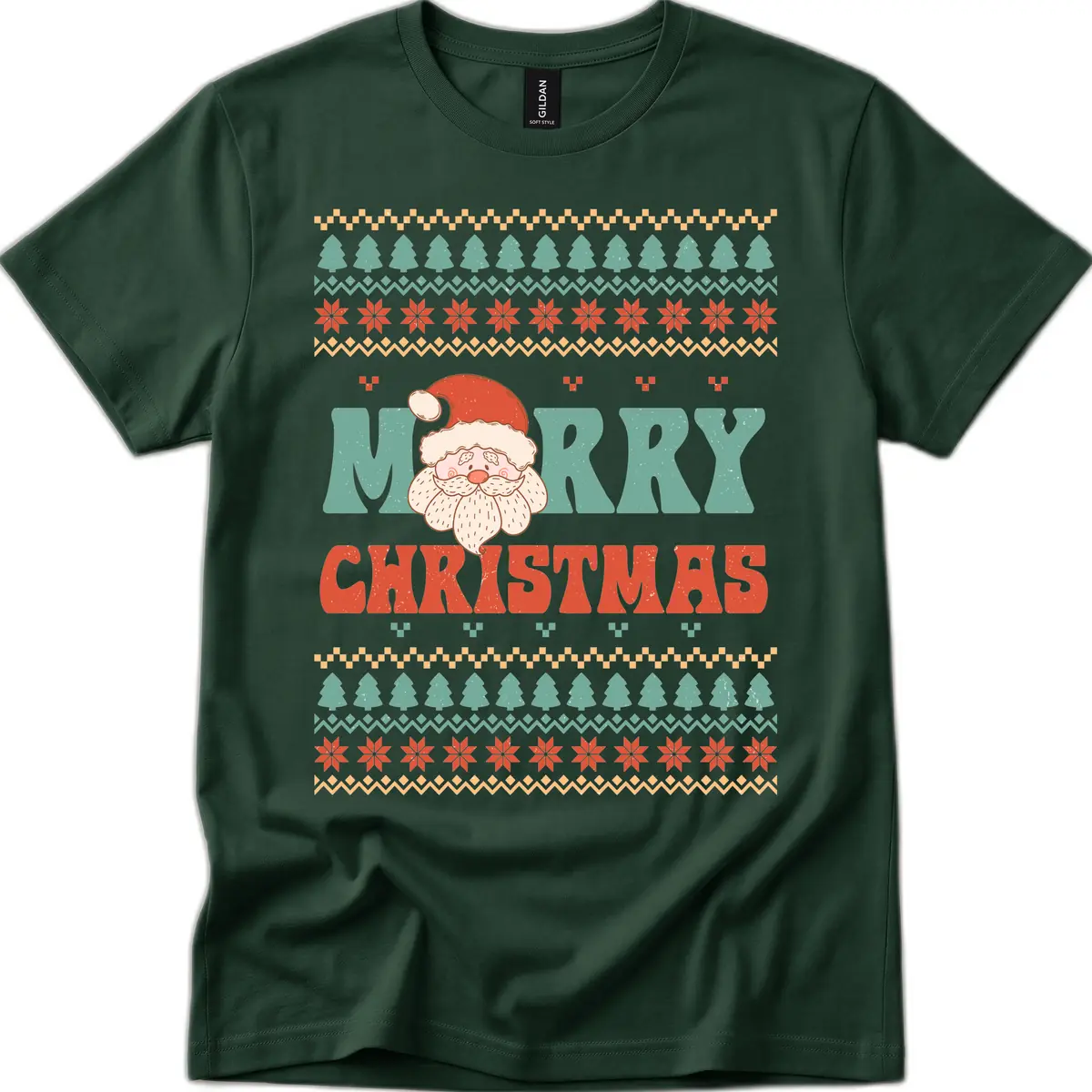 Retro Santa Merry Christmas Ugly Sweater T-Shirt in Forest Green