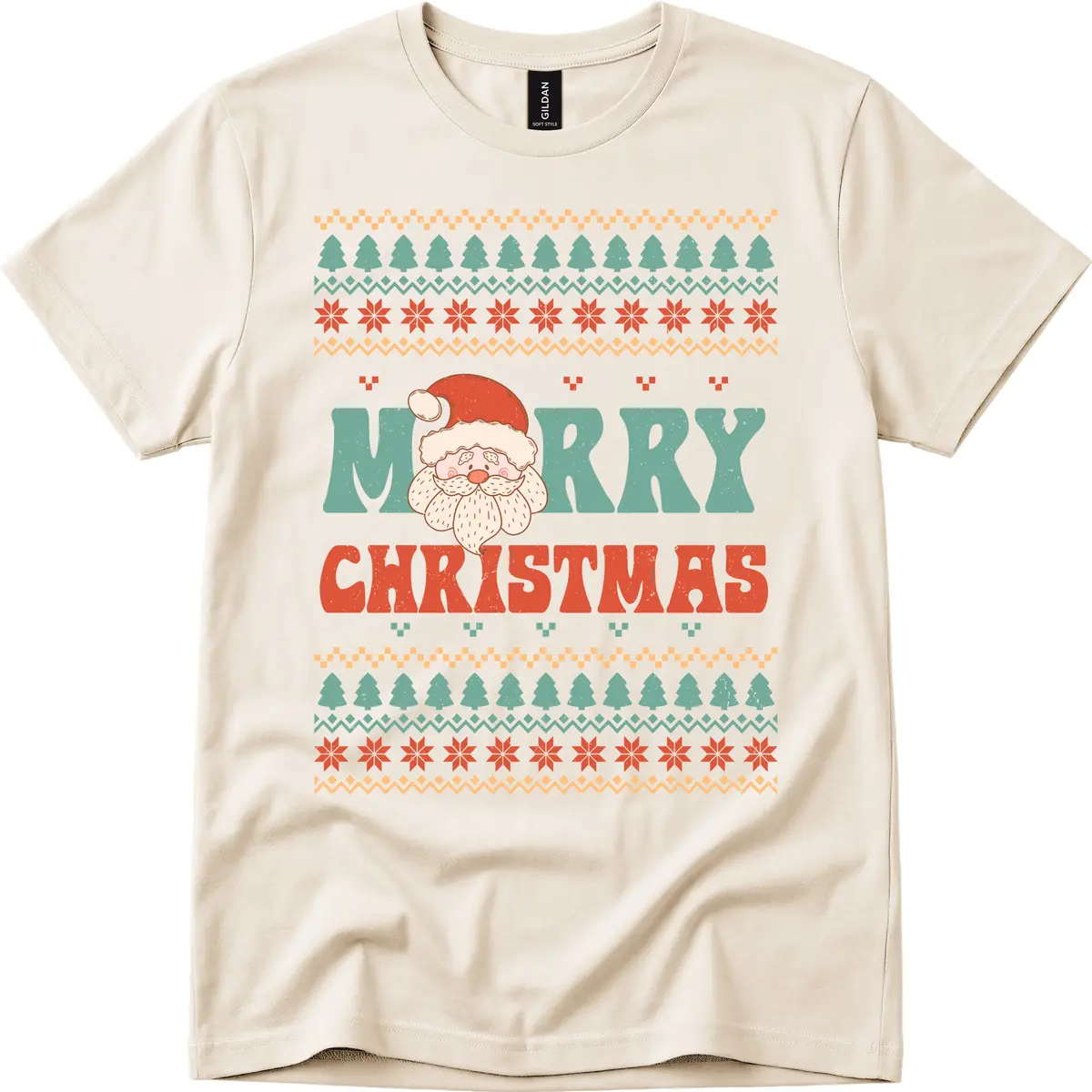Retro Santa Merry Christmas Ugly Sweater T-Shirt in Natural