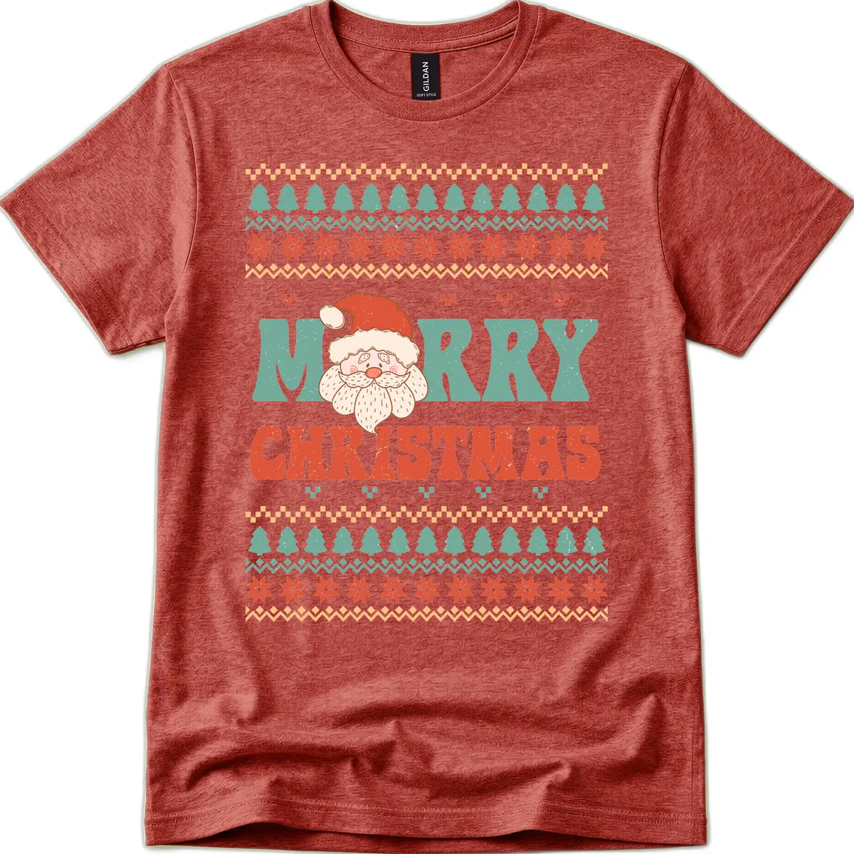 Retro Santa Merry Christmas Ugly Sweater T-Shirt in Heather Cardinal