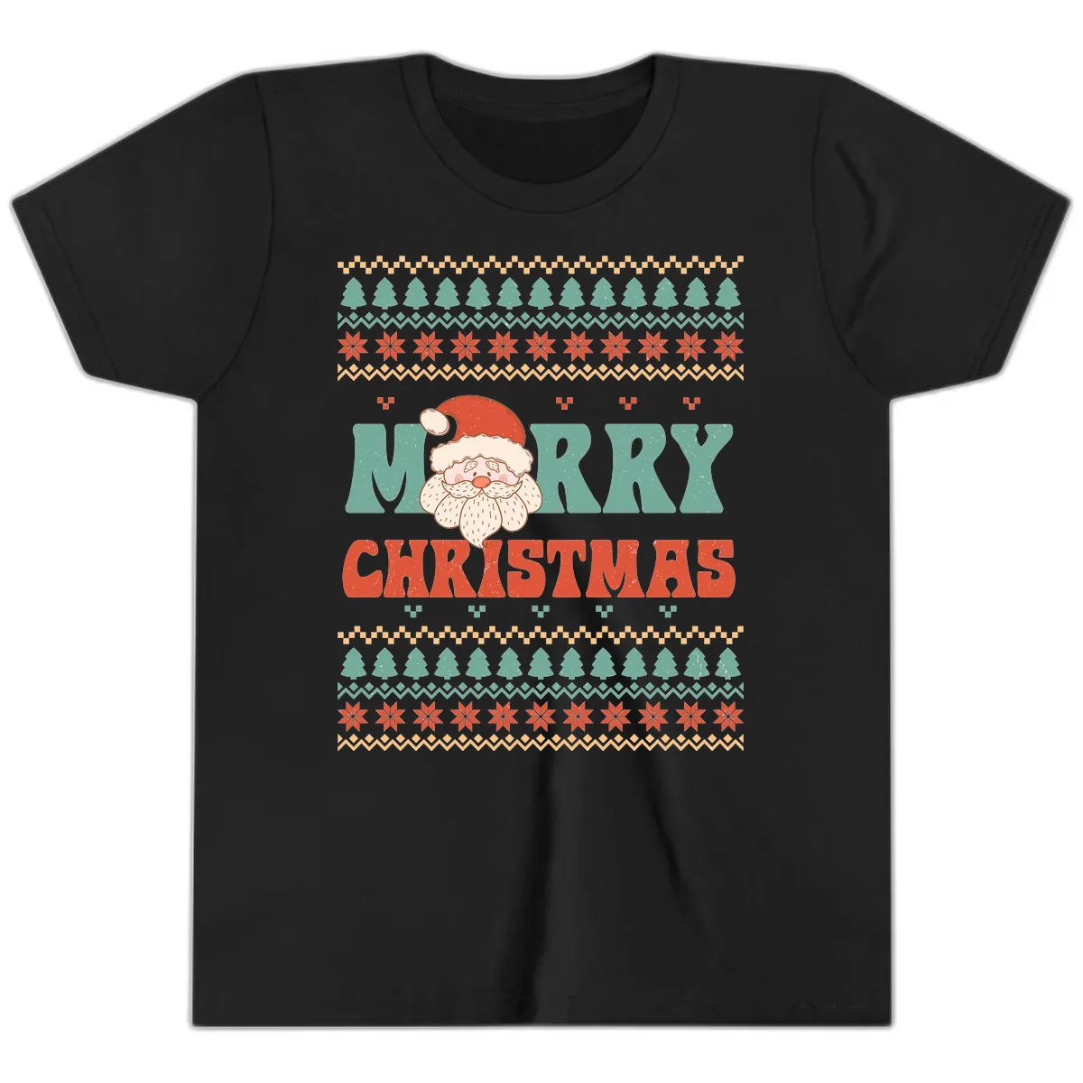 Retro Santa Merry Christmas Ugly Sweater Youth T-Shirt in Black