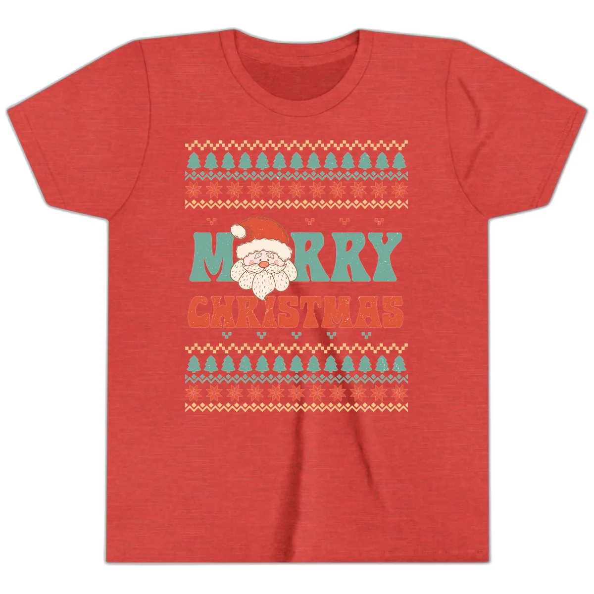 Retro Santa Merry Christmas Ugly Sweater Youth T-Shirt in Heather Red
