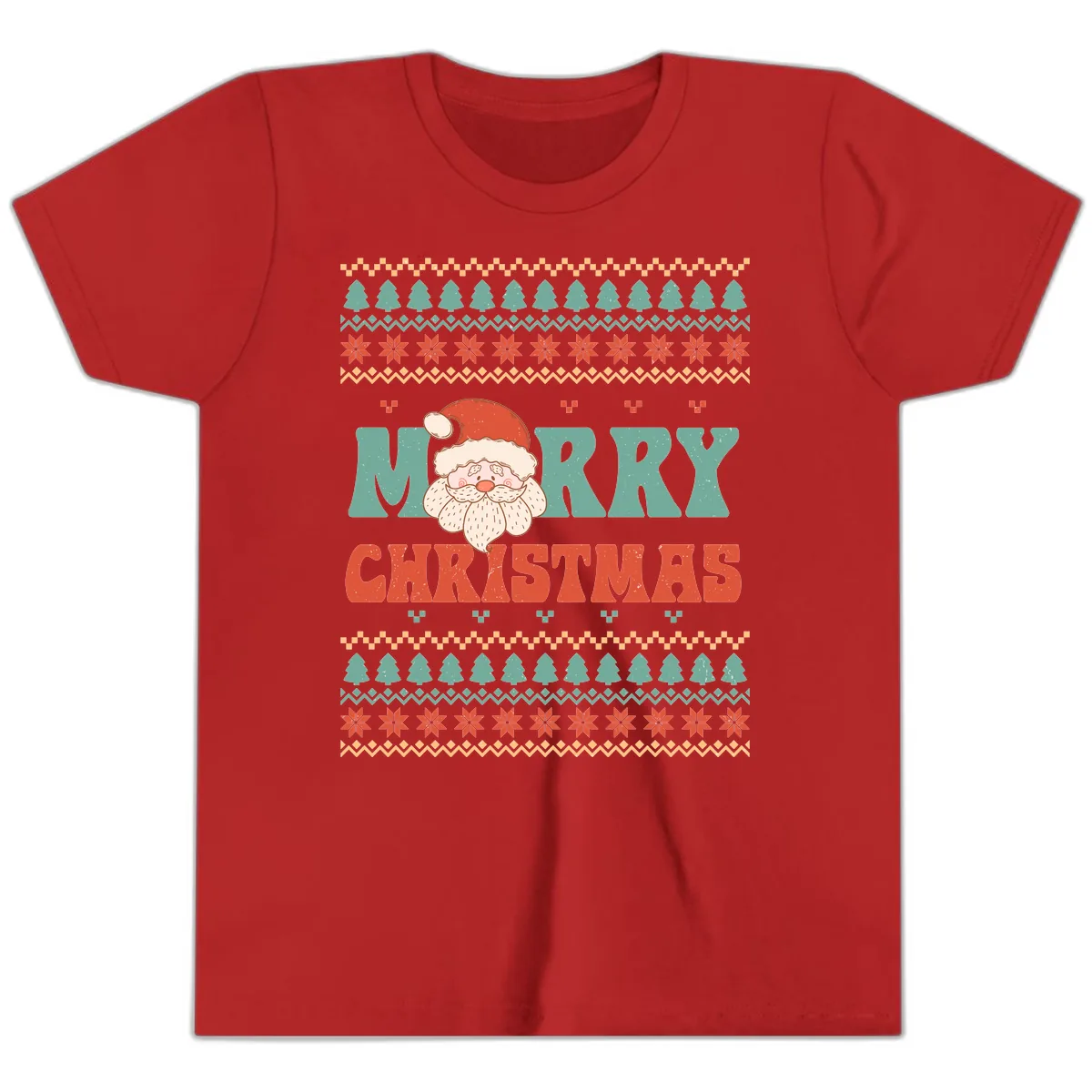 Retro Santa Merry Christmas Ugly Sweater Youth T-Shirt in Red