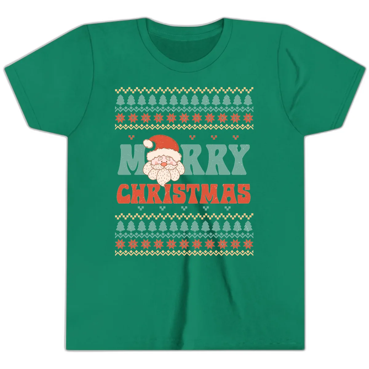 Retro Santa Merry Christmas Ugly Sweater Youth T-Shirt in Kelly