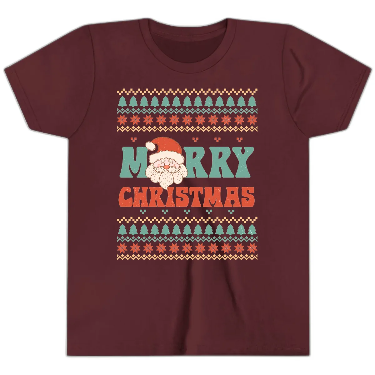 Retro Santa Merry Christmas Ugly Sweater Youth T-Shirt in Maroon