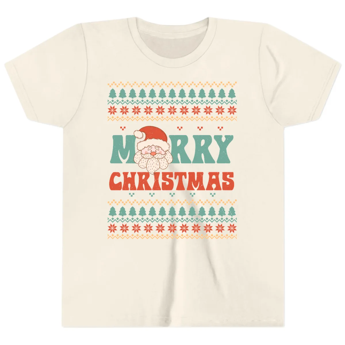 Retro Santa Merry Christmas Ugly Sweater Youth T-Shirt in Natural