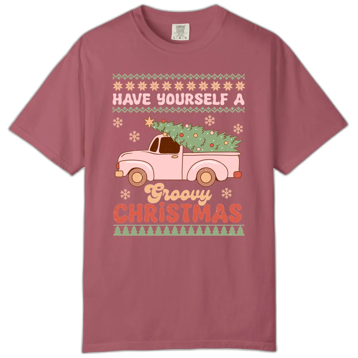 Groovy Retro Christmas Truck Comfort Color in Crimson
