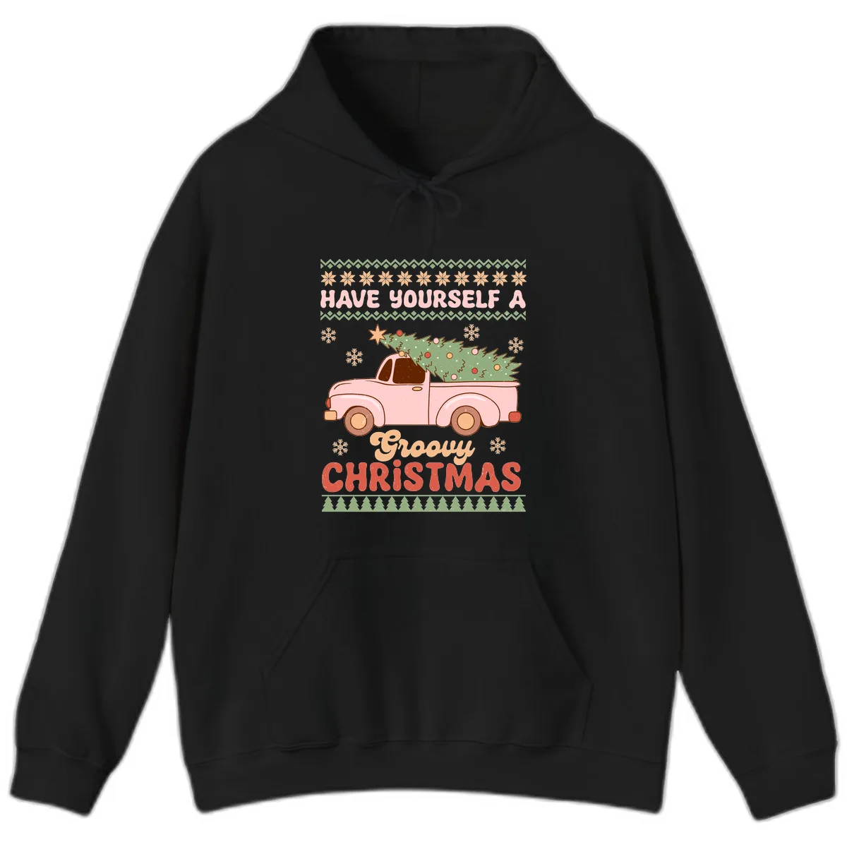 Groovy Retro Christmas Truck Hoodie in Black