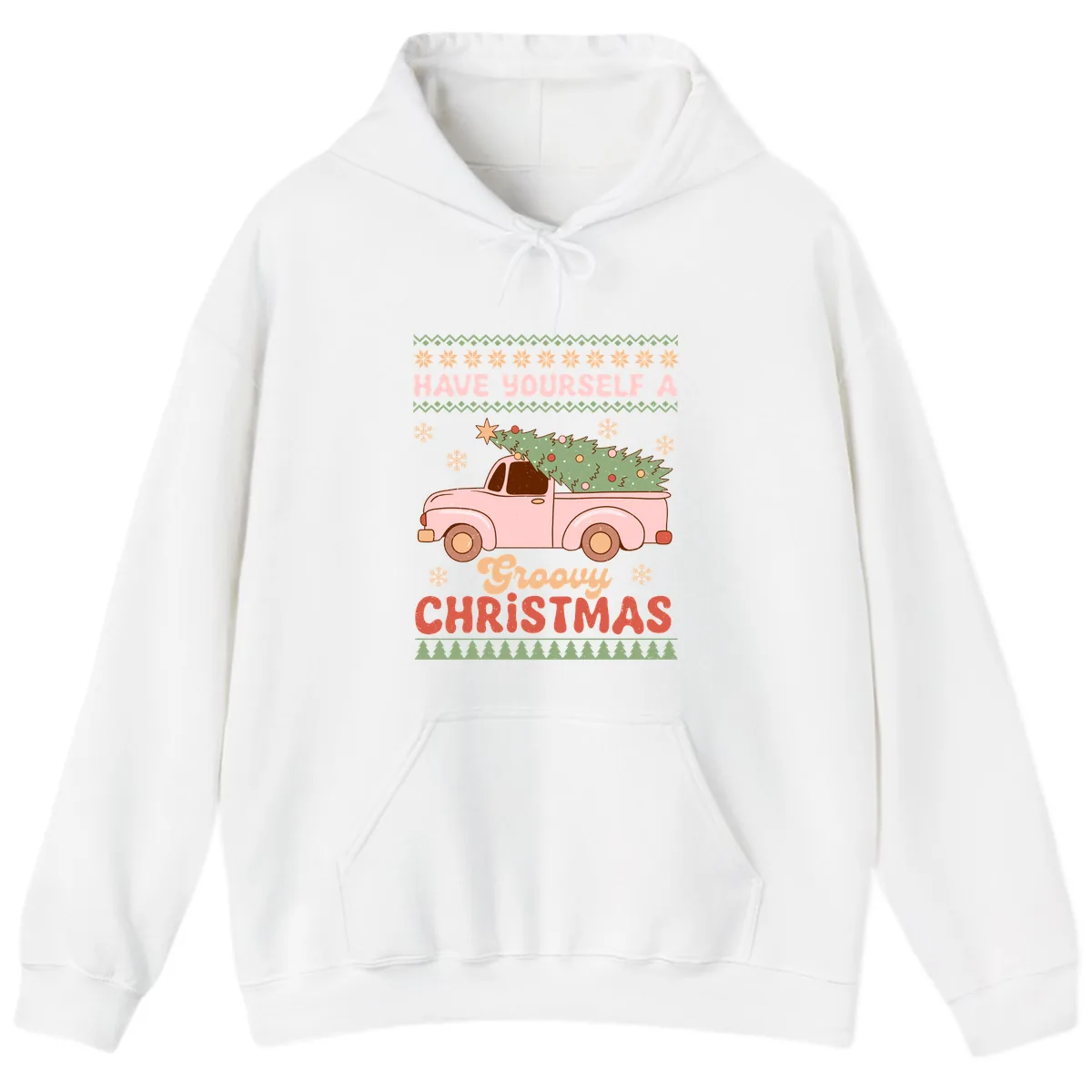 Groovy Retro Christmas Truck Hoodie in White