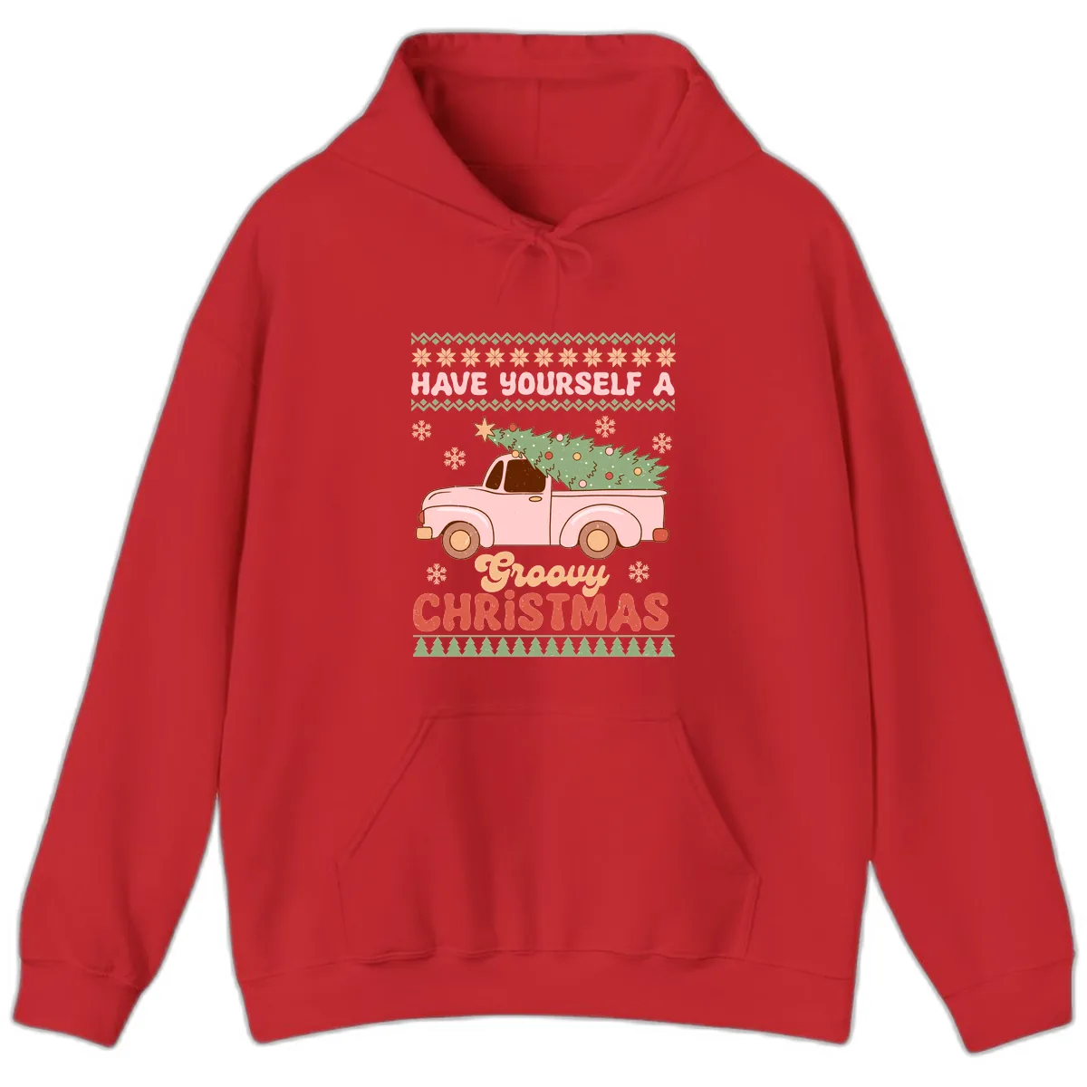 Groovy Retro Christmas Truck Hoodie in Red