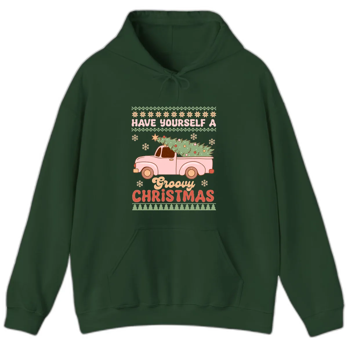 Groovy Retro Christmas Truck Hoodie in Forest Green