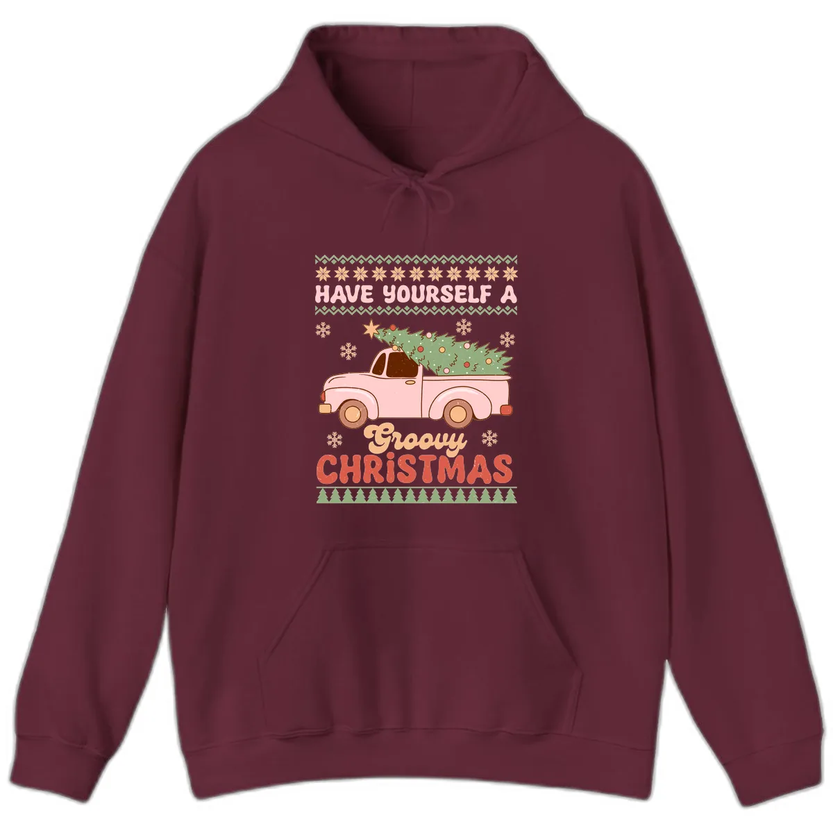 Groovy Retro Christmas Truck Hoodie in Maroon