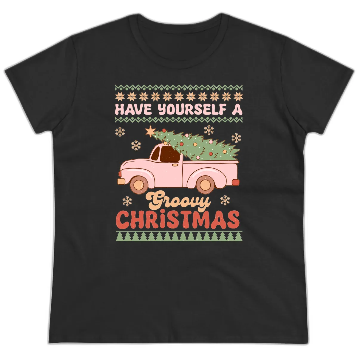 Groovy Retro Christmas Truck Ladies Tee in Black