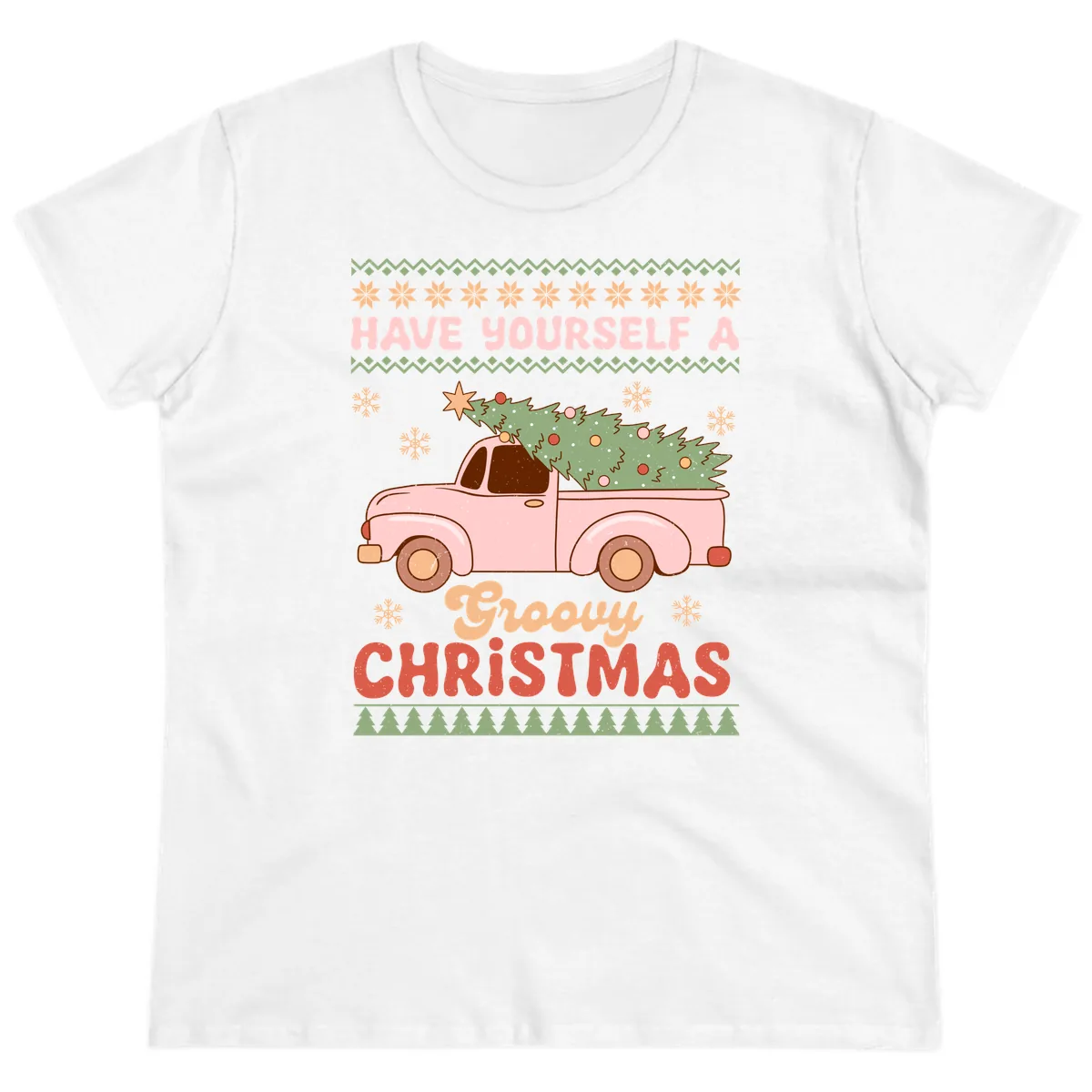 Groovy Retro Christmas Truck Ladies Tee in White