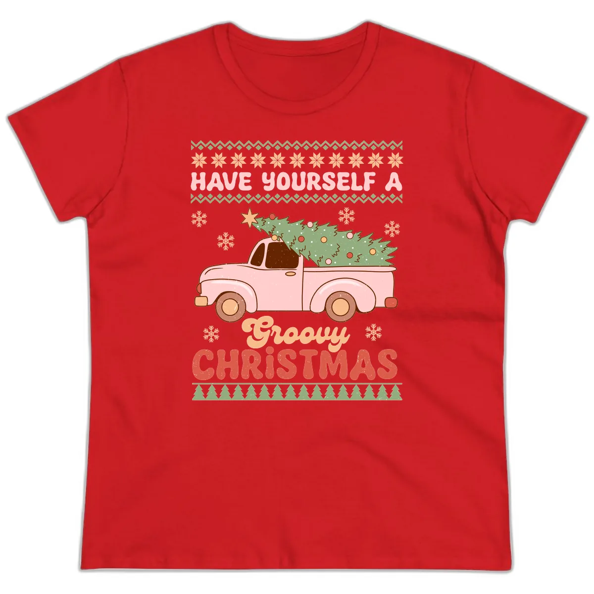 Groovy Retro Christmas Truck Ladies Tee in Red