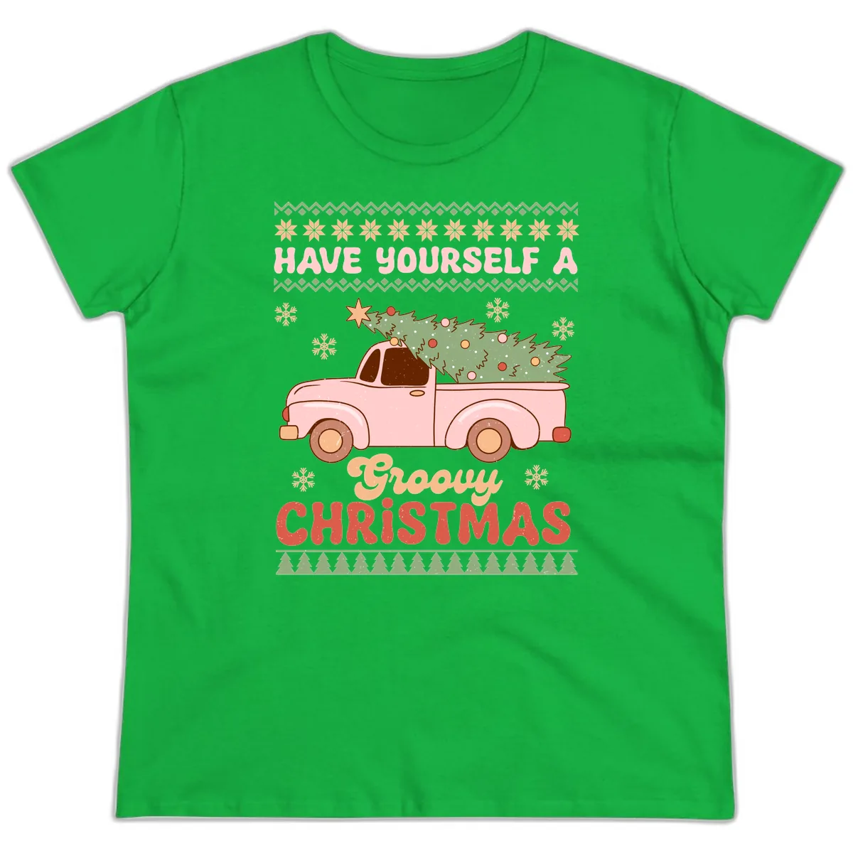Groovy Retro Christmas Truck Ladies Tee in Irish Green