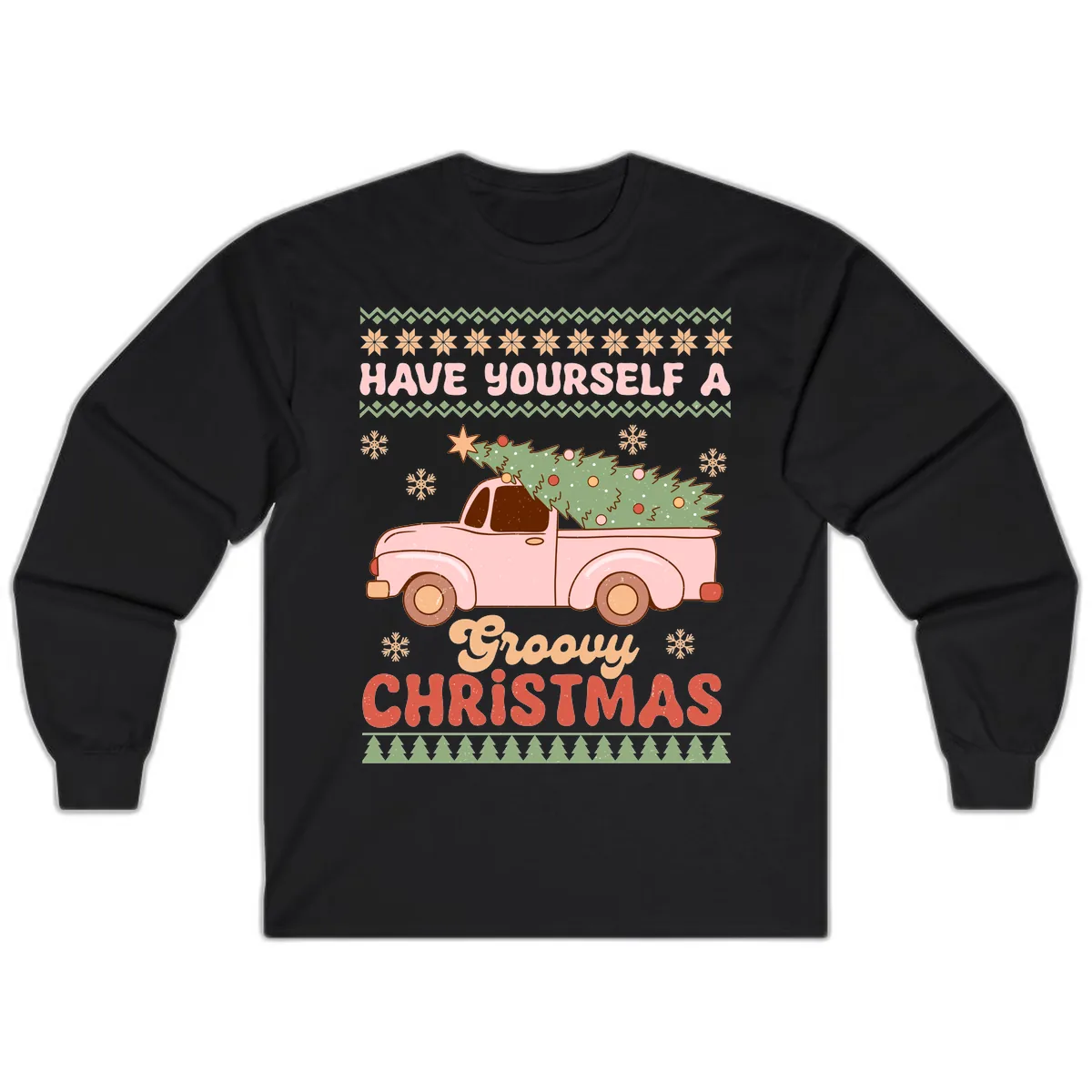 Groovy Retro Christmas Truck Long Sleeve in Black