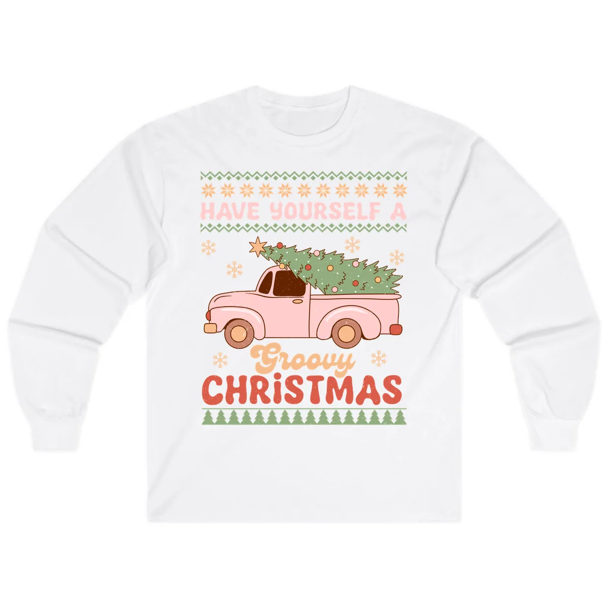 Groovy Retro Christmas Truck Long Sleeve in White
