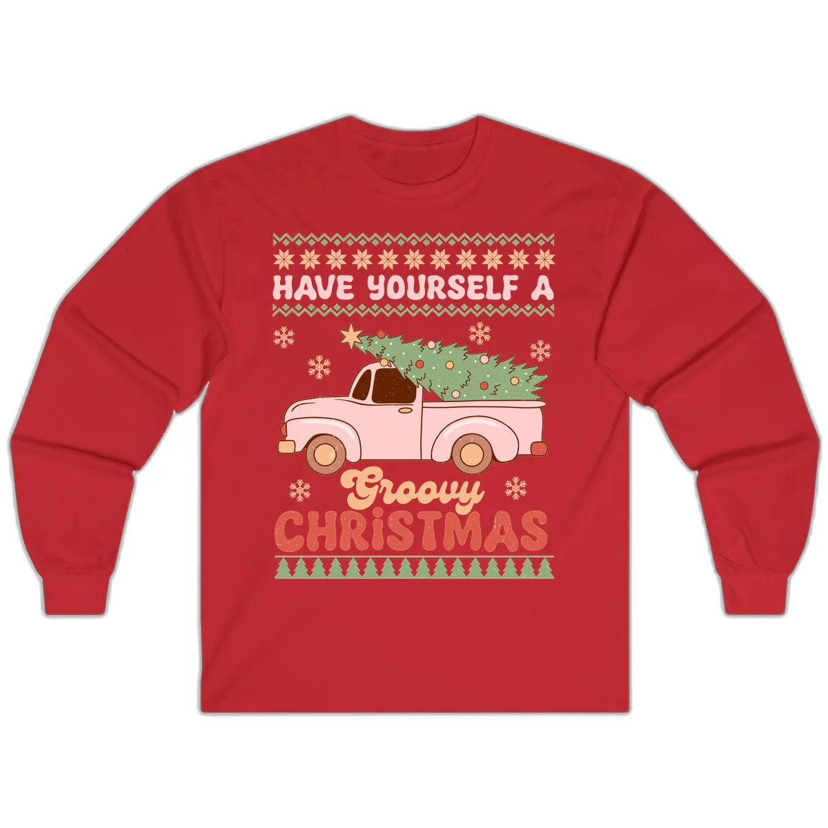 Groovy Retro Christmas Truck Long Sleeve in Red