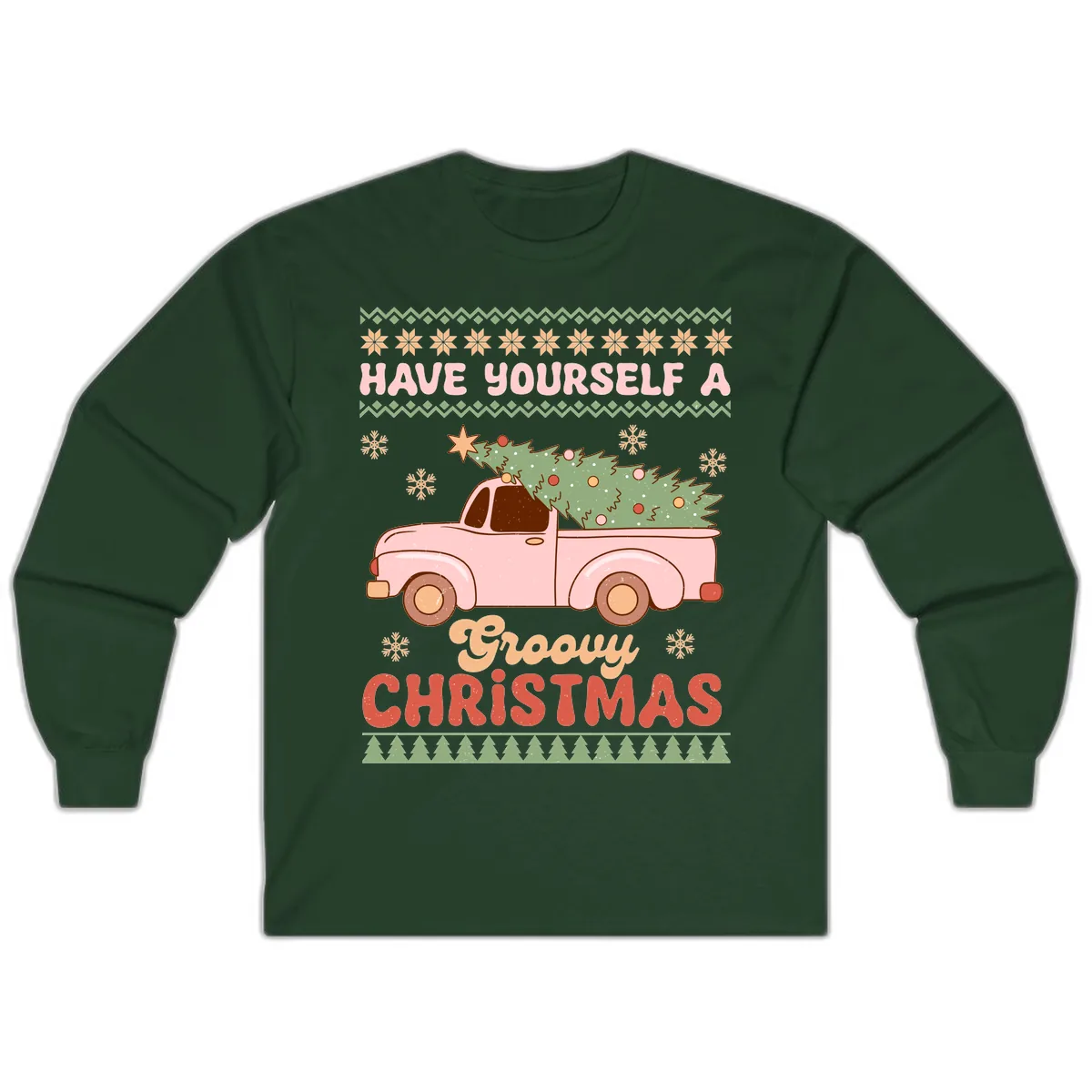 Groovy Retro Christmas Truck Long Sleeve in Forest Green
