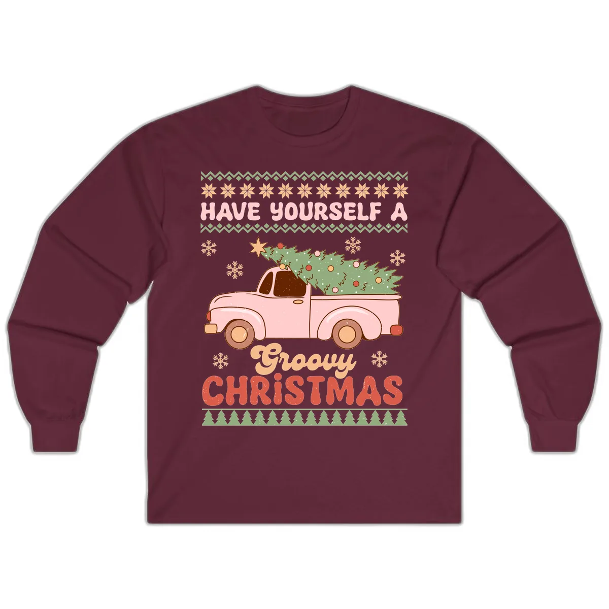 Groovy Retro Christmas Truck Long Sleeve in Maroon