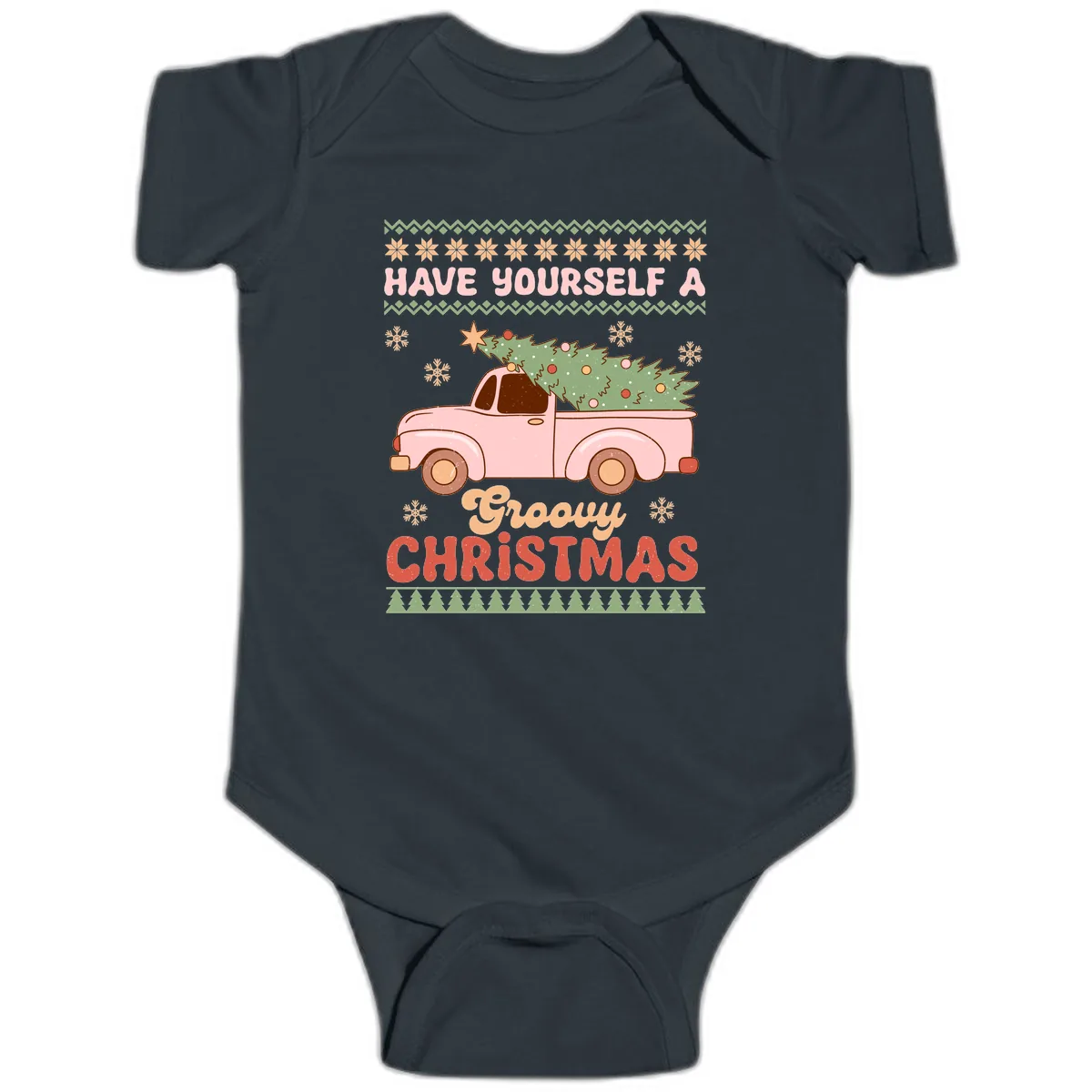 Groovy Retro Christmas Truck Baby Onesie in Black