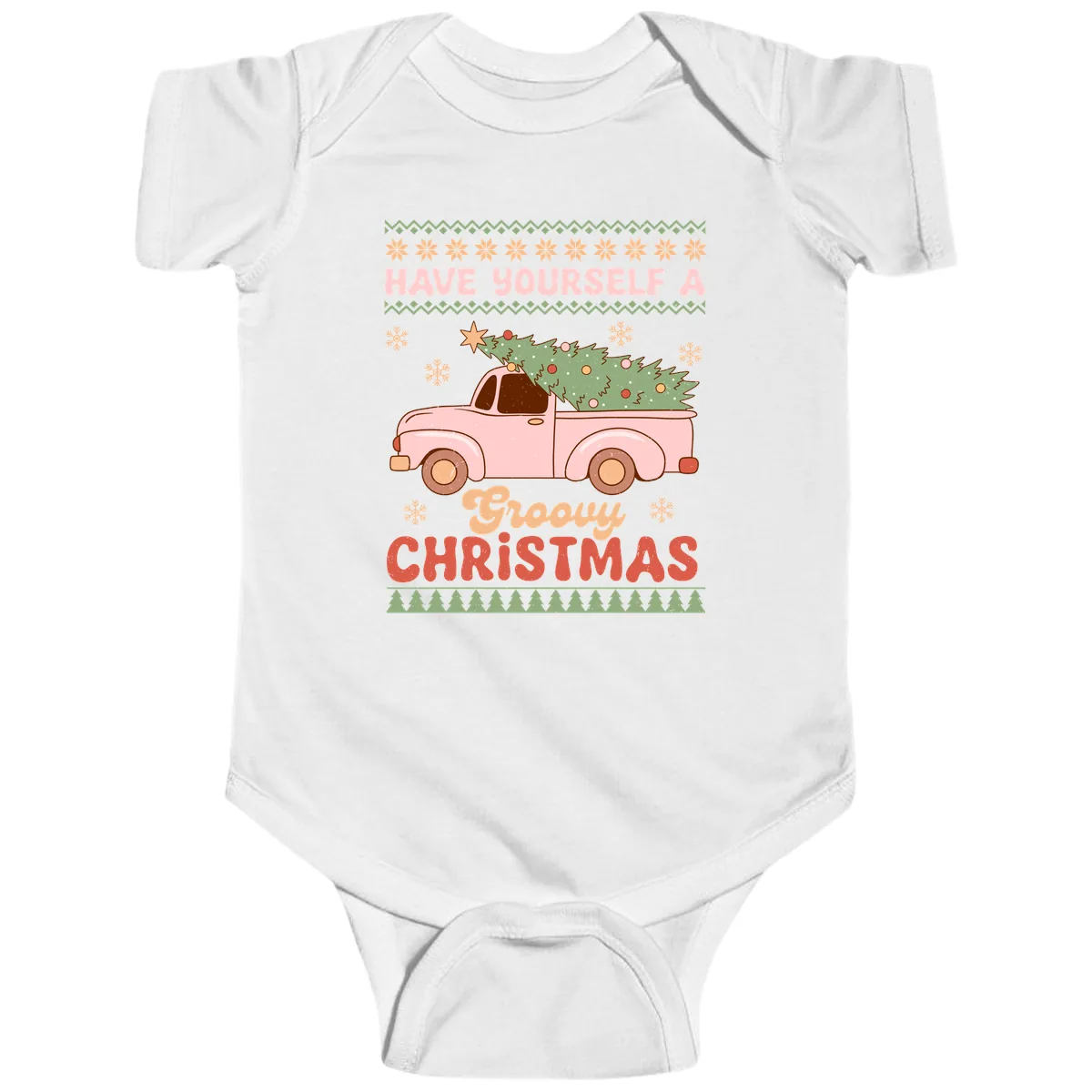 Groovy Retro Christmas Truck Baby Onesie in White