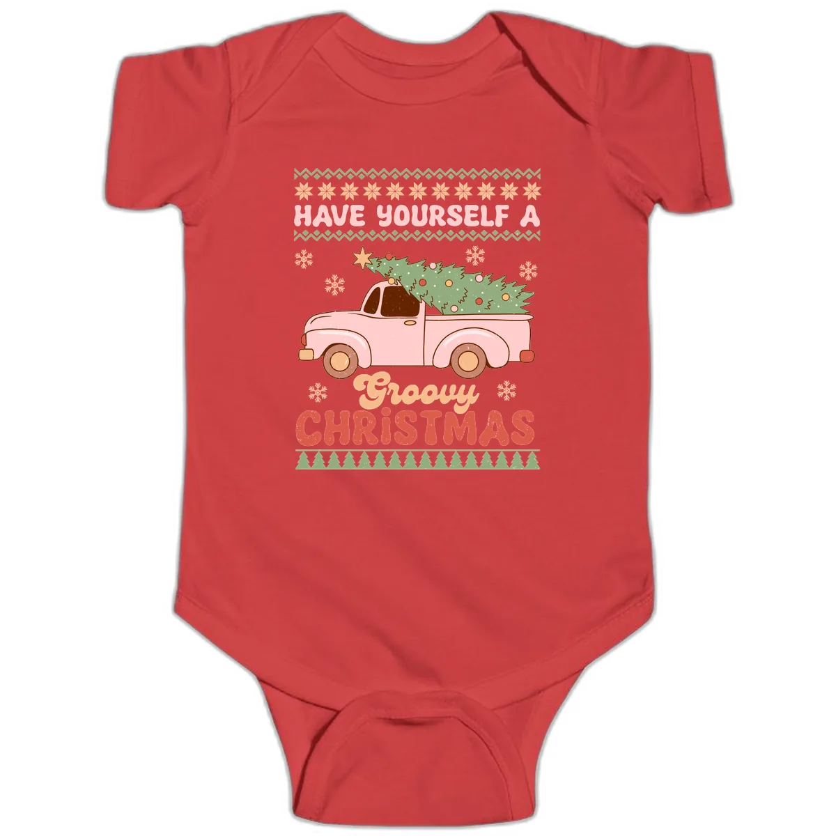 Groovy Retro Christmas Truck Baby Onesie in Red