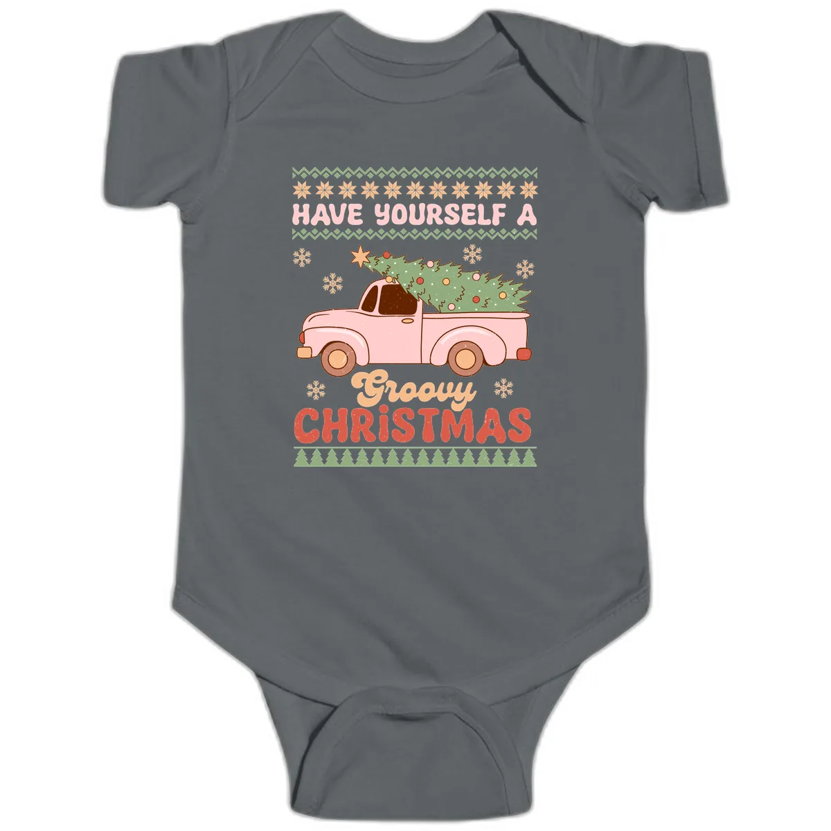 Groovy Retro Christmas Truck Baby Onesie in Charcoal