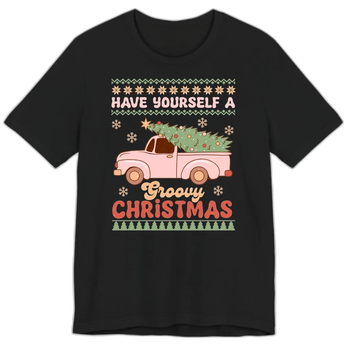Groovy Retro Christmas Truck Premium T-Shirt in Black