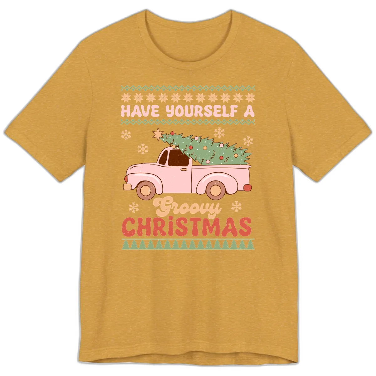 Groovy Retro Christmas Truck Premium T-Shirt in Heather Mustard