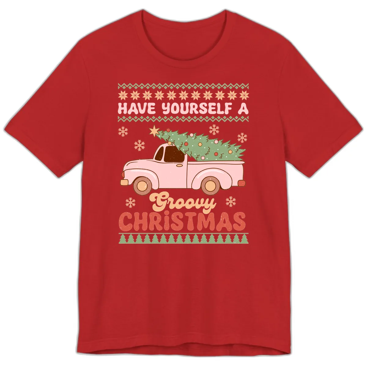 Groovy Retro Christmas Truck Premium T-Shirt in Red