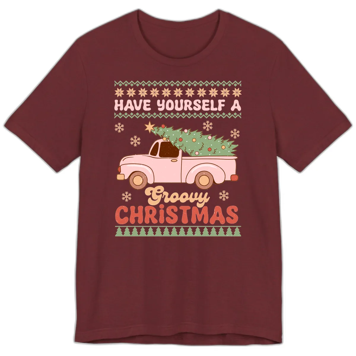 Groovy Retro Christmas Truck Premium T-Shirt in Heather Cardinal