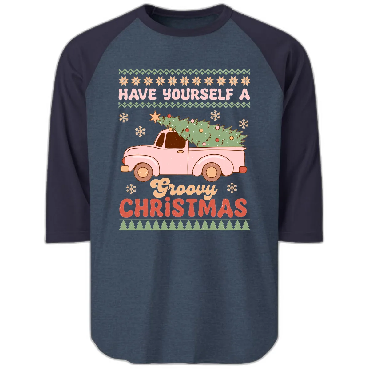 Groovy Retro Christmas Truck Raglan 3/4 in Heather Denim Navy