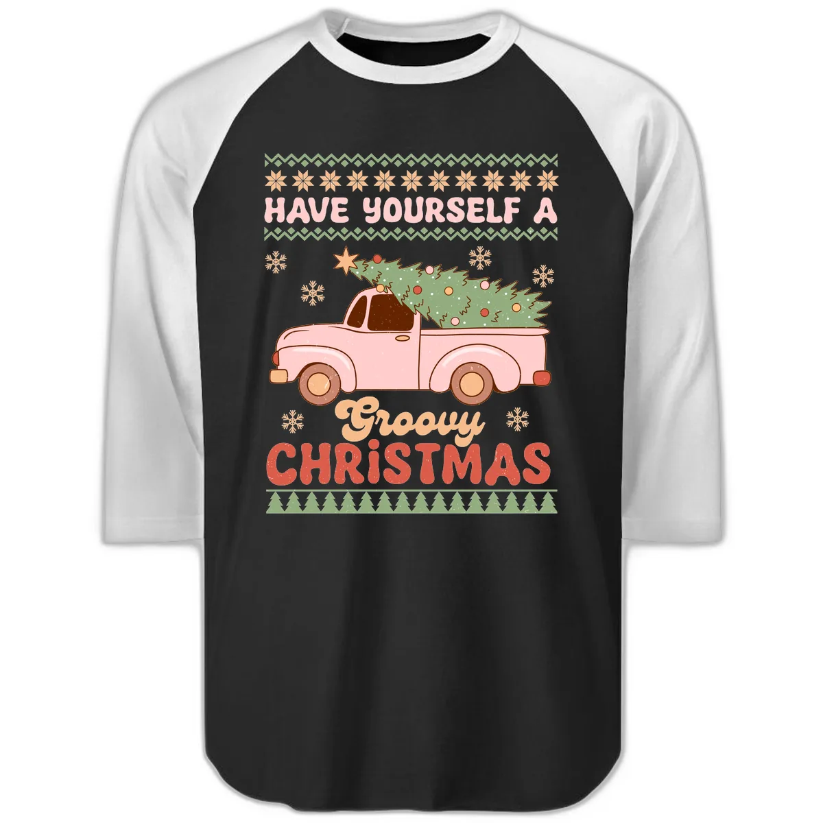 Groovy Retro Christmas Truck Raglan 3/4 in Black White