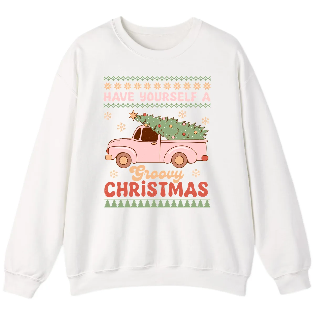 Groovy Retro Christmas Truck Sweatshirt in White