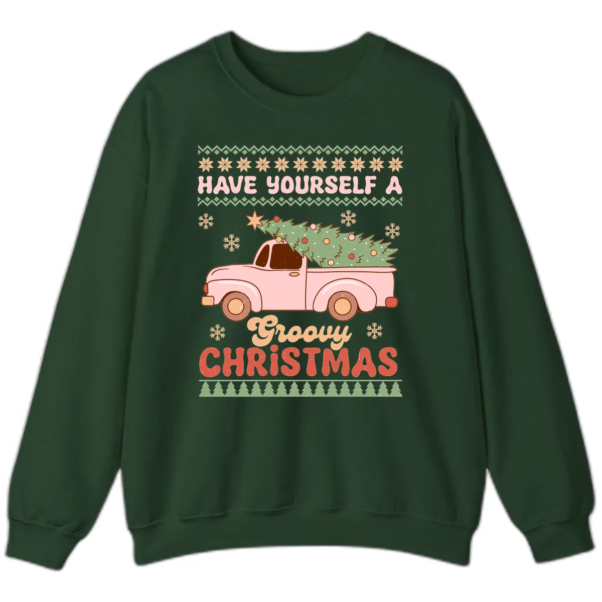 Groovy Retro Christmas Truck Sweatshirt in Forest Green