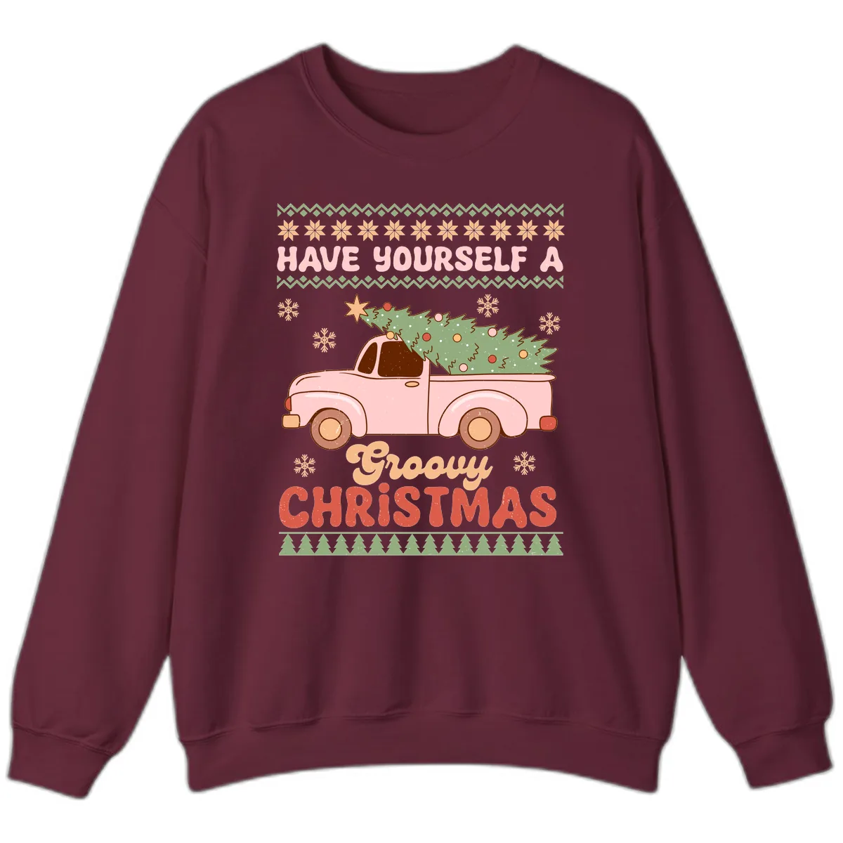 Groovy Retro Christmas Truck Sweatshirt in Maroon