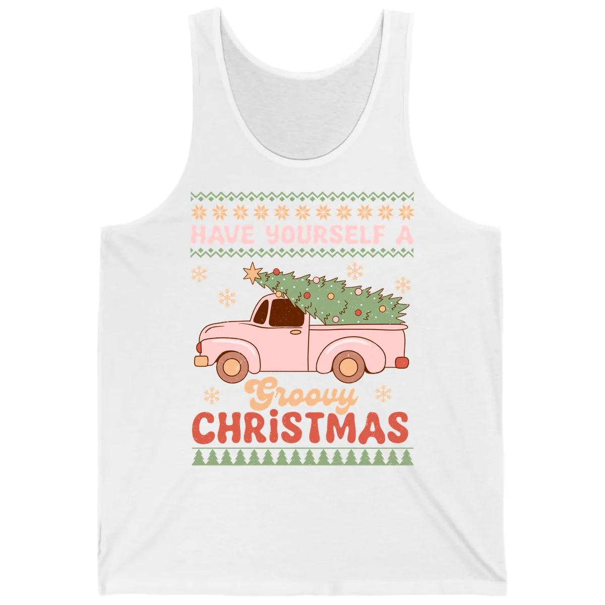Groovy Retro Christmas Truck Tank in White