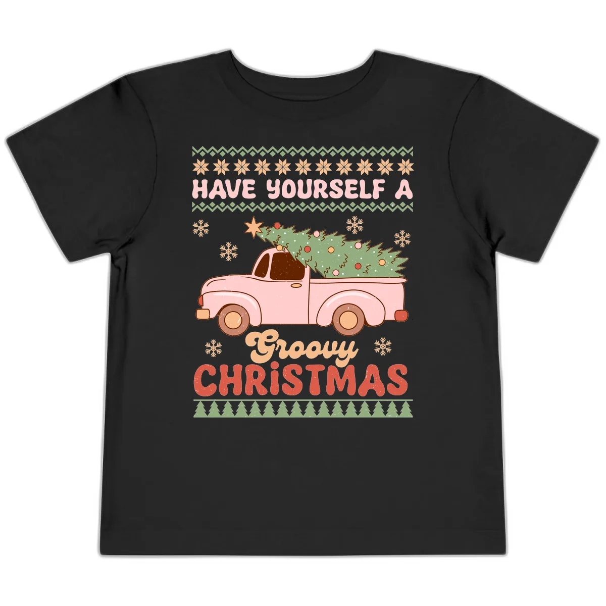 Groovy Retro Christmas Truck Toddler T-Shirt in Black