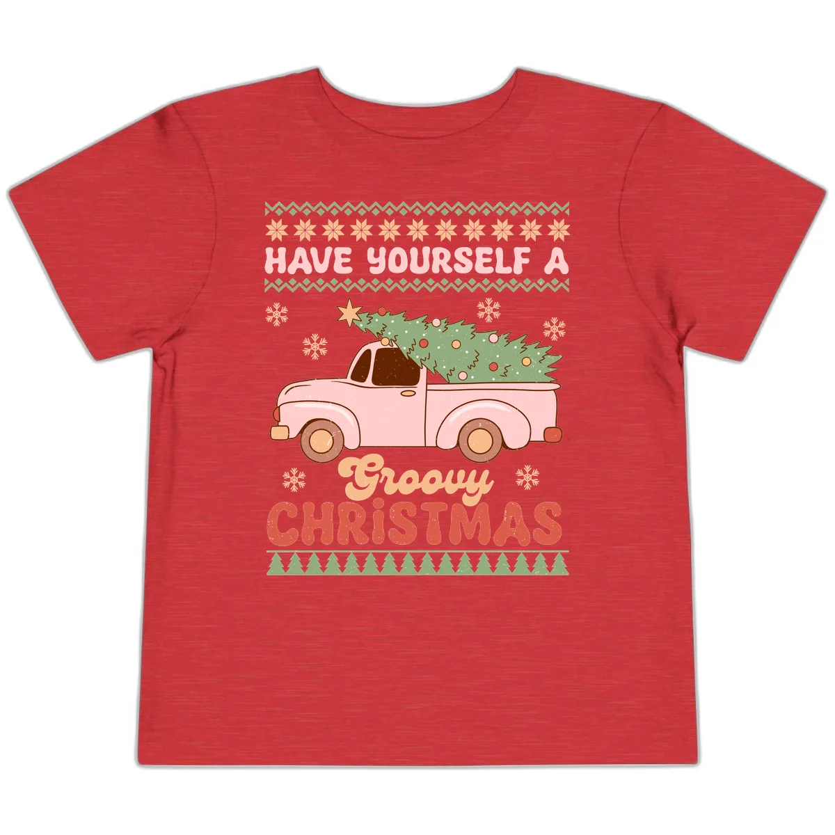 Groovy Retro Christmas Truck Toddler T-Shirt in Heather Red